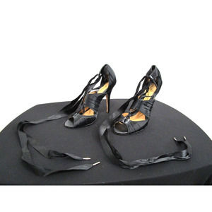 L.A.M.B. Black Satin Ribbon Ankle Wrap Stiletto High Heel Sandals Women 6 M